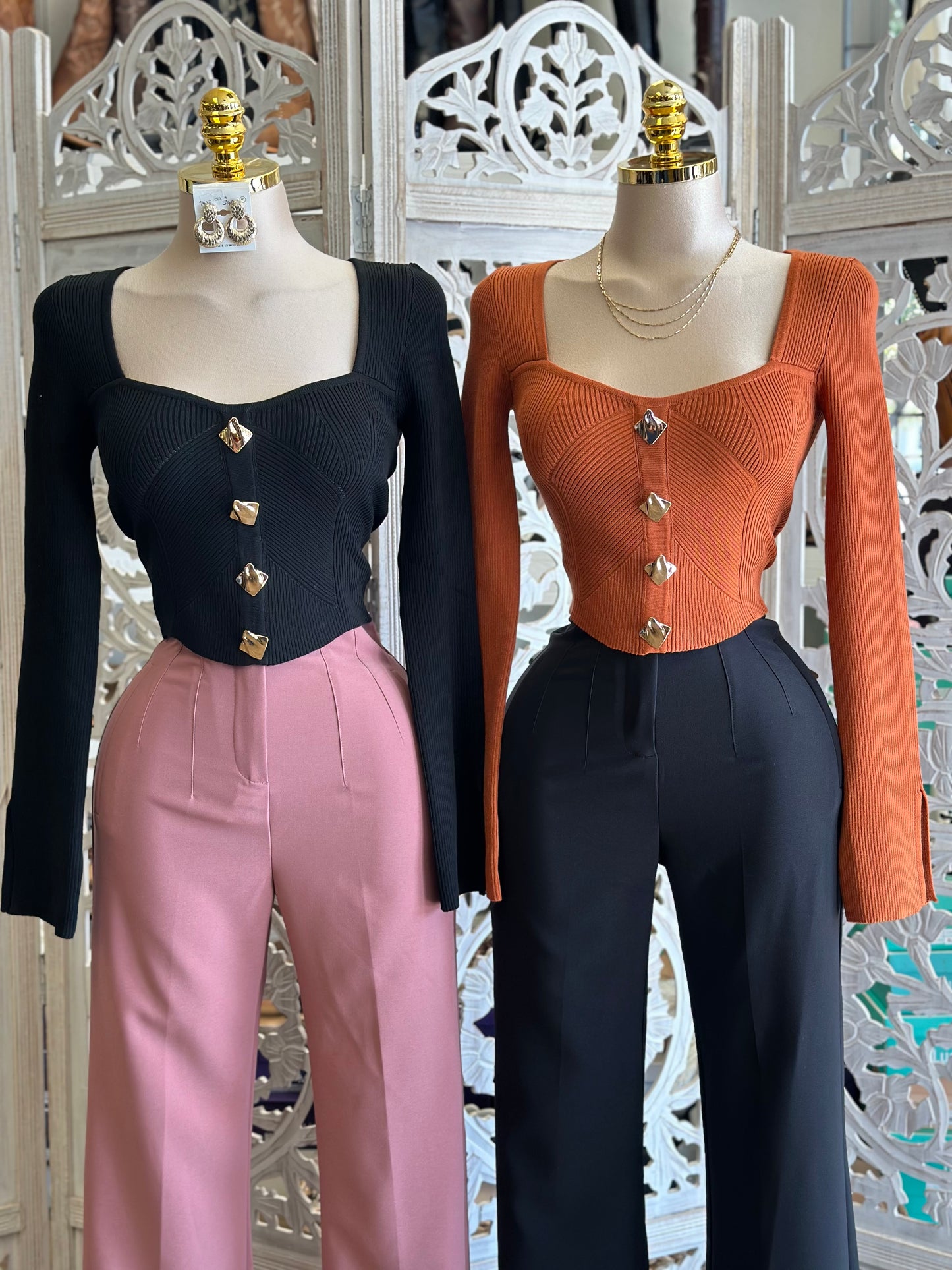 Ribbed Asymmetrical Gold Button Top- Stretchy,Estira