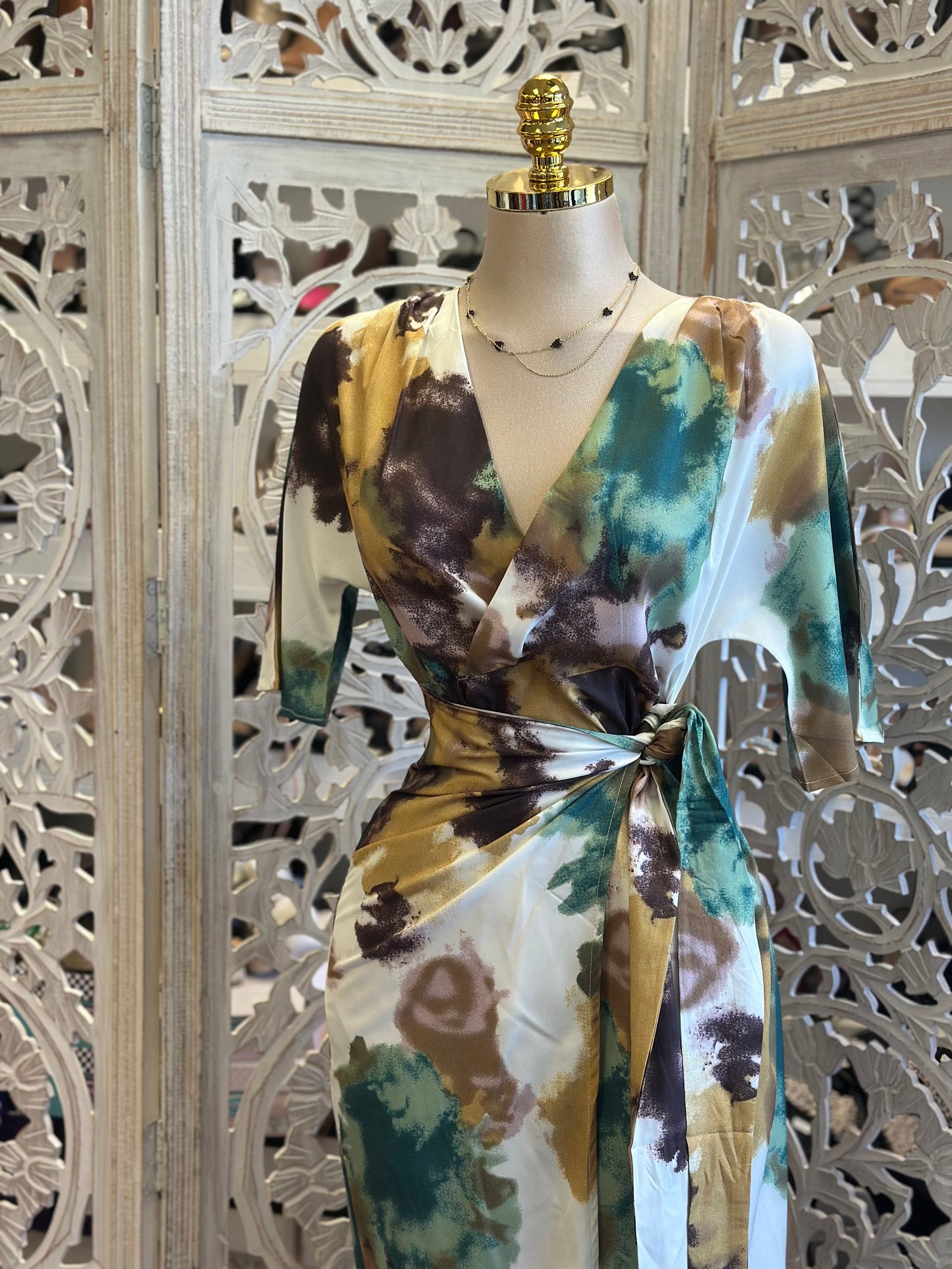 Wrapped Teal and Blue Midi Dress-No Estira, Not Stretchy