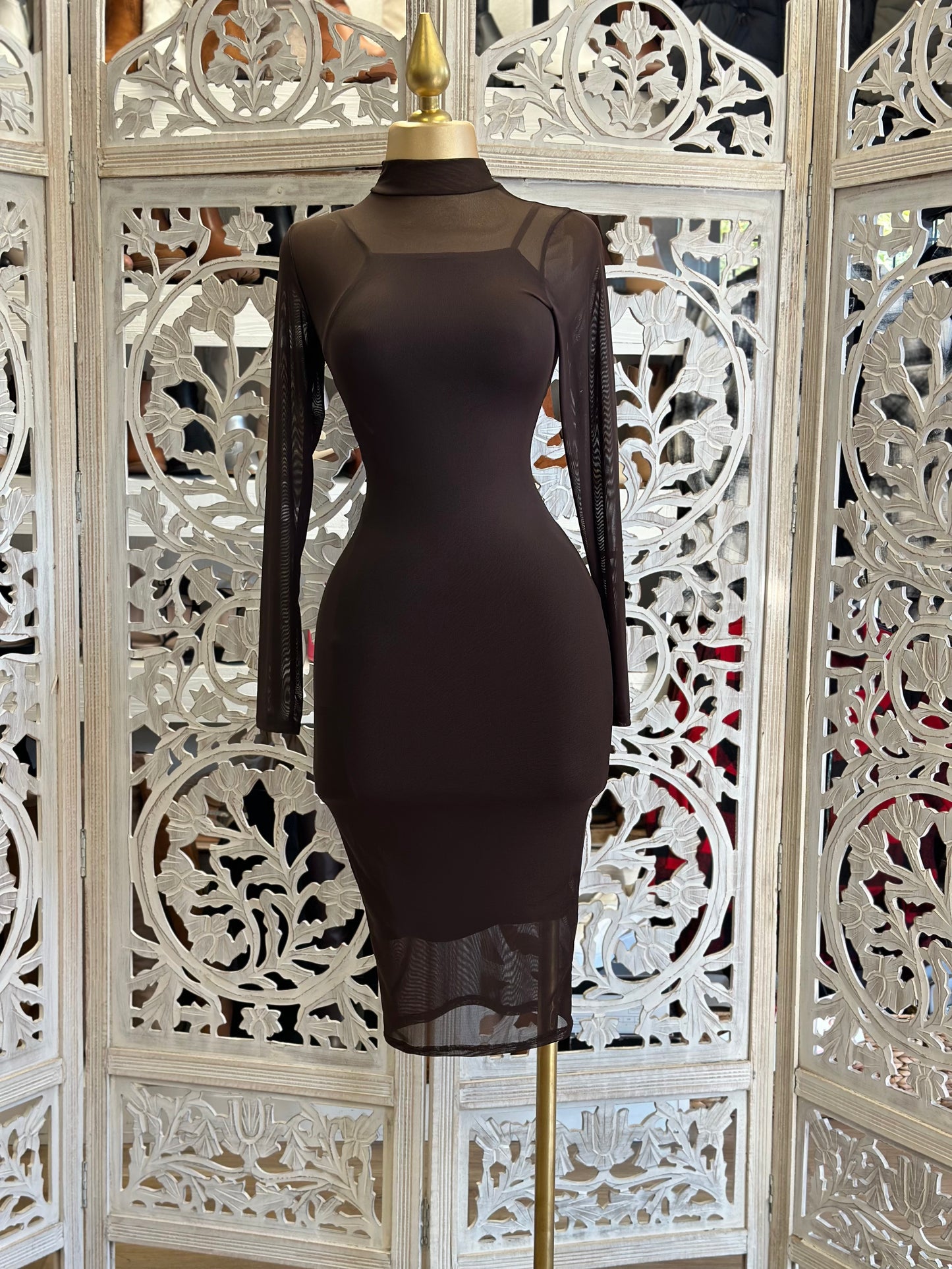 Brown Mesh Mock Neck Midi Dress