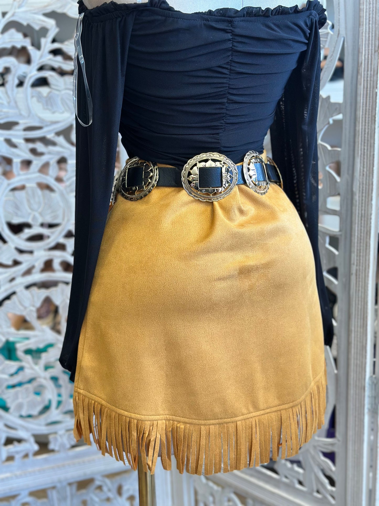 Wrapped Brown Fringe Suede Mini Skirt-No Estira, Not Stretchy
