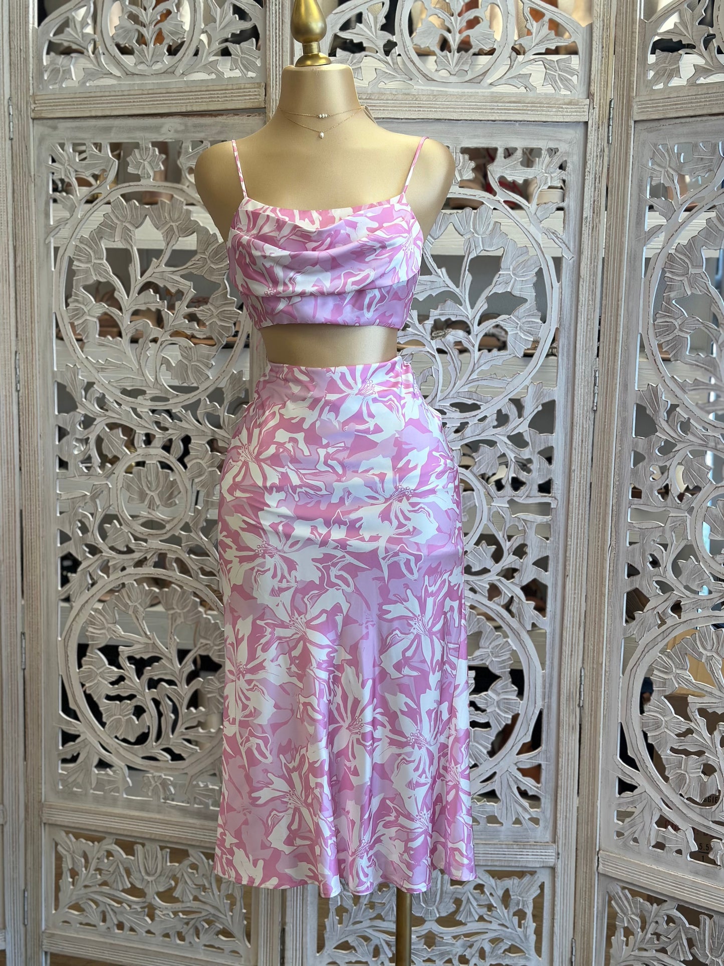 Pink Patterned Midi Skirt Set- Not Stretchy