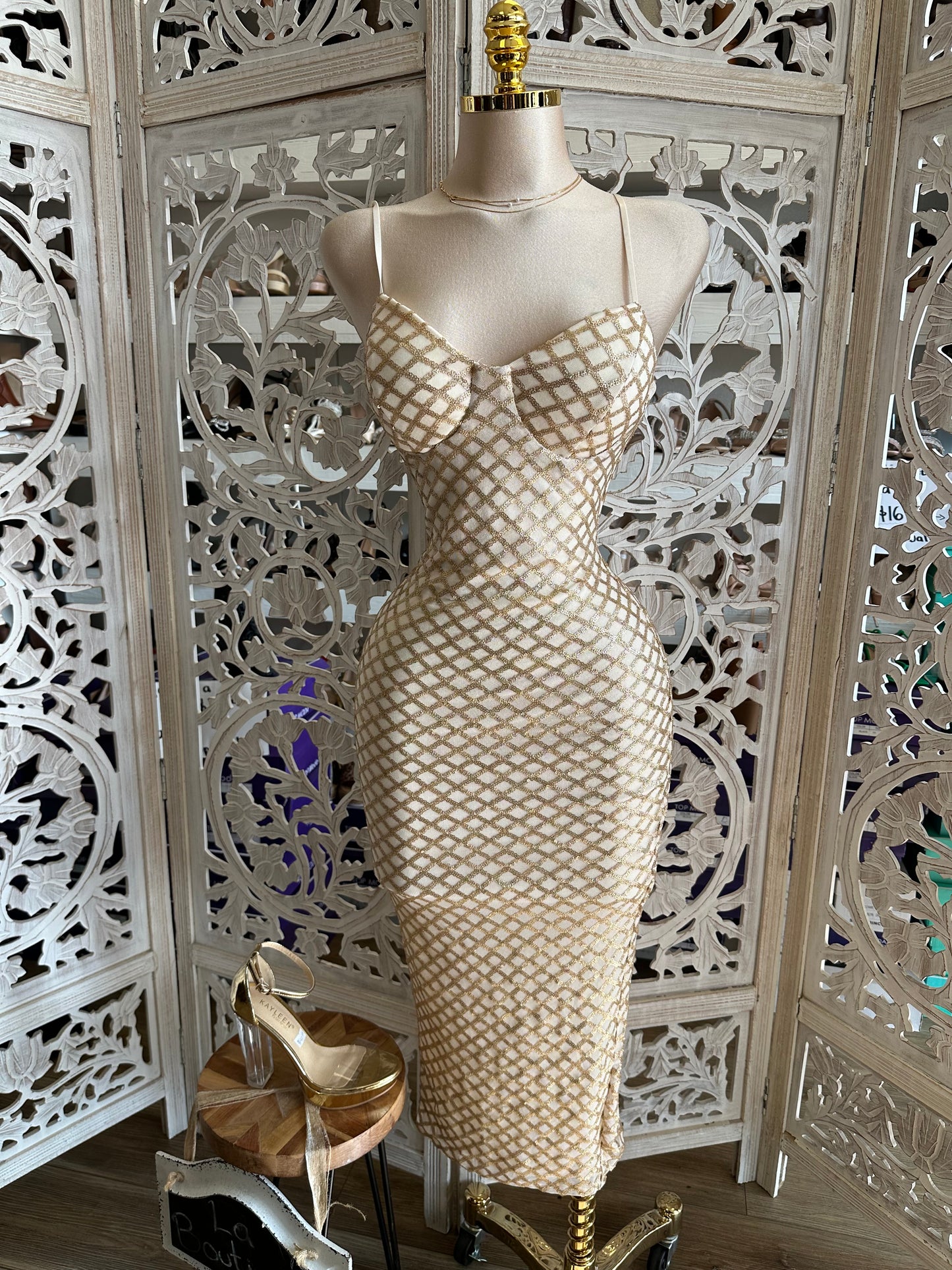 Netted Gold Design Cami Dress- Stretchy,Estira