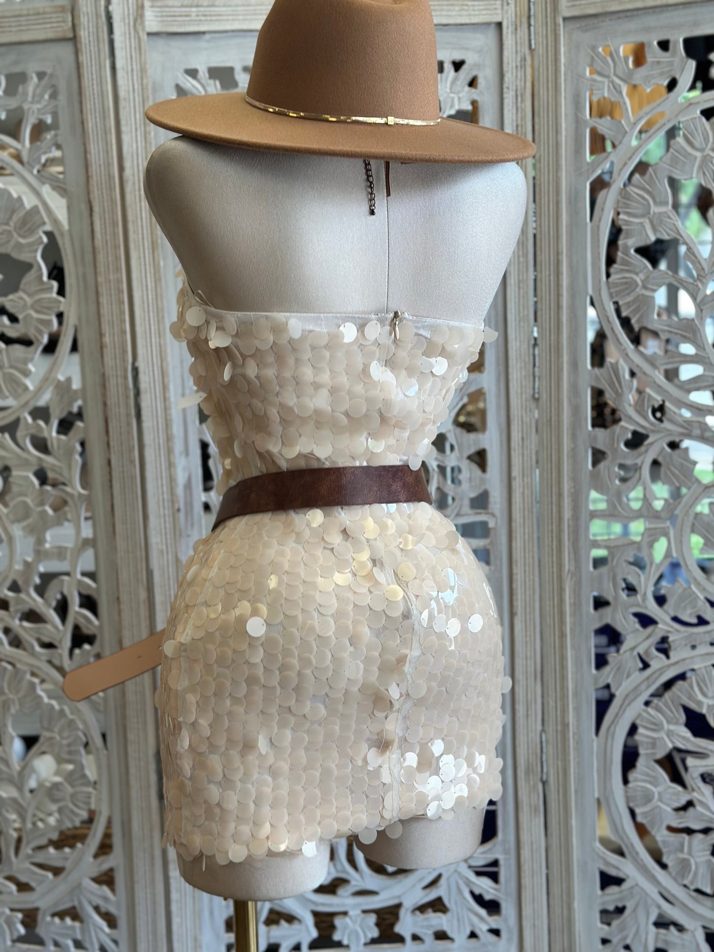 Strapless Champagne Sequin Dress-Estira, Stretchy