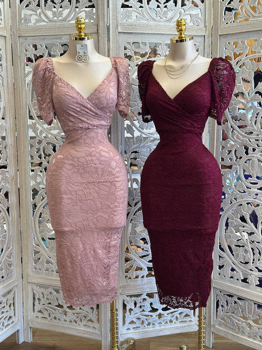 Lace Wrapped Midi Bodycon Dress-Estira Poco ,Slightly Stretchy