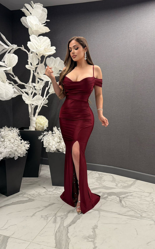 Deep Maroon Wrapped Off Shoulder Gown- Stretchy, Estira