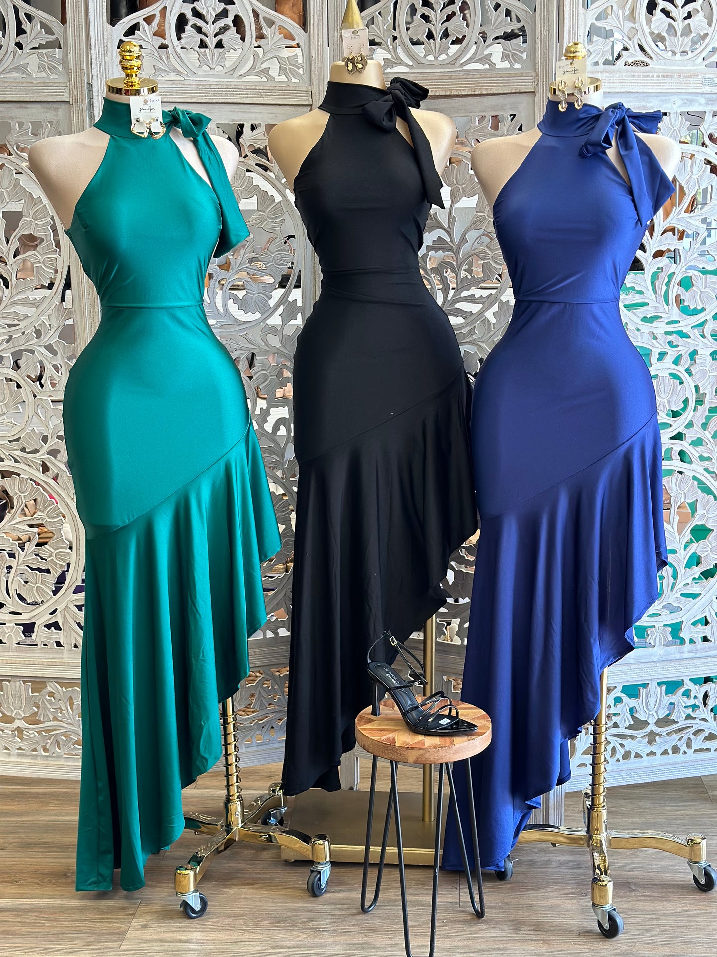 High Neck Ribbon Maxi Dress- Stretchy,Estira