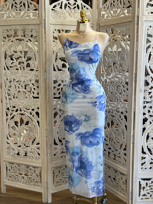 Sky Floral Crossback Midi Dress - Estira, Stretchy
