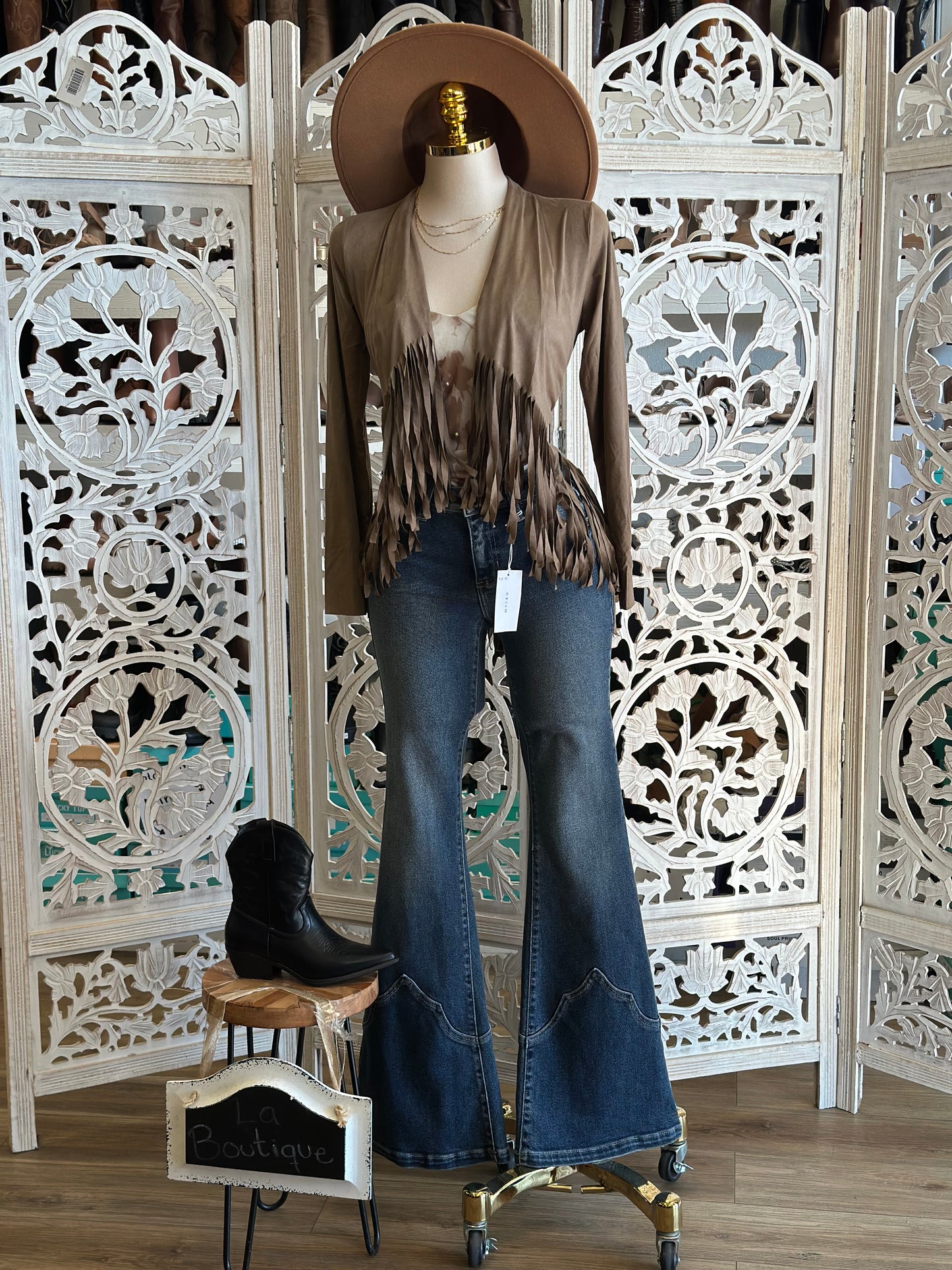 Taupe Suede Fringe Blazer- Estira, Stretchy