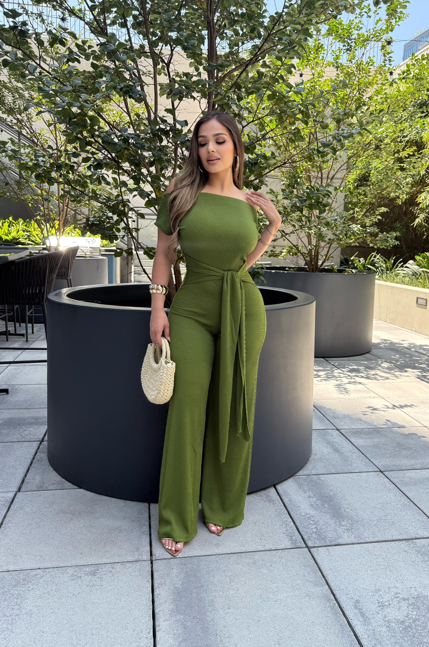 Avocado Green Ribbed Asymmetrical Jumpsuit - Stretchy,Estira