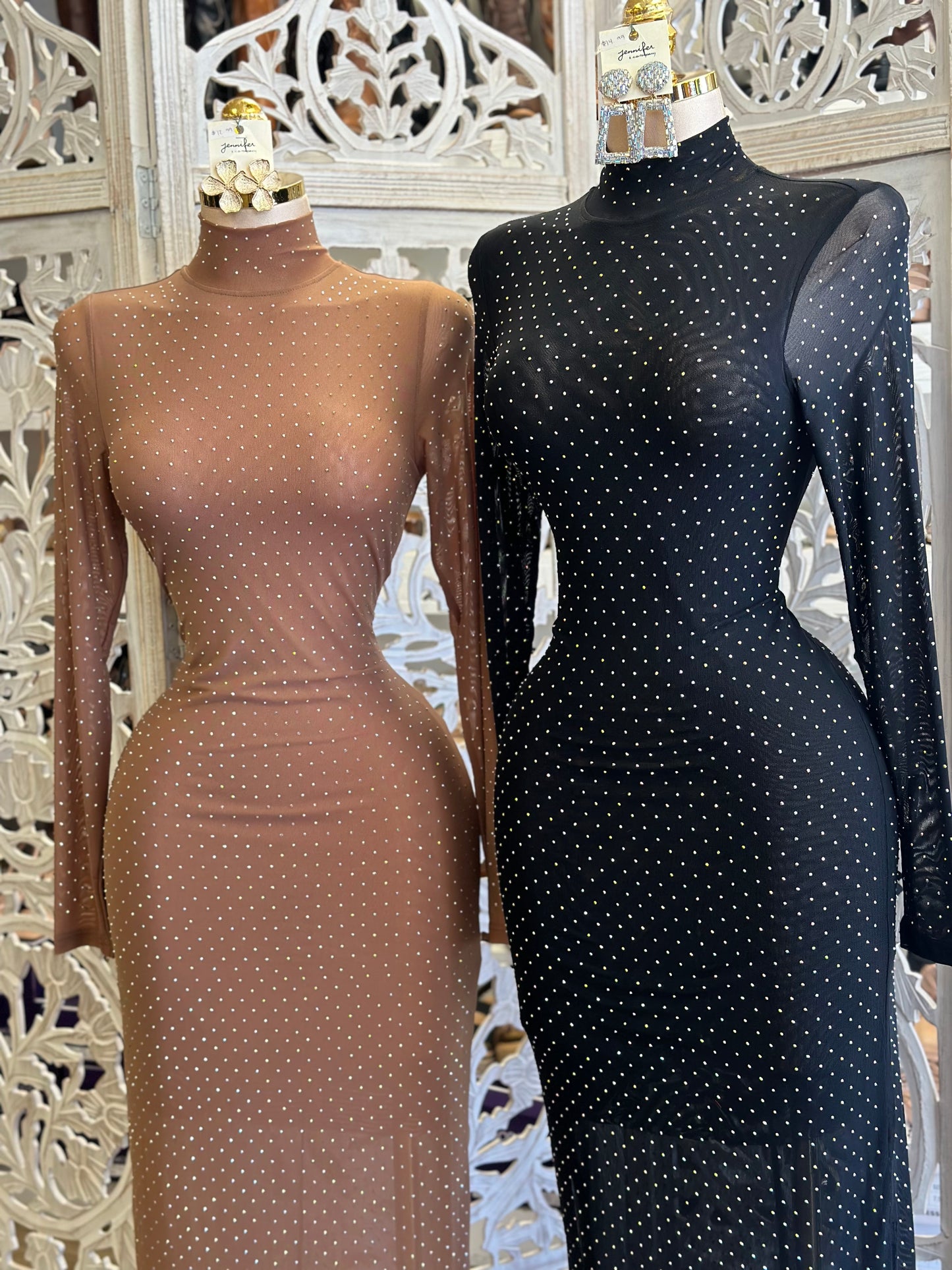 Rhinestone Mock Neck Maxi Dress- Estira, Stretchy