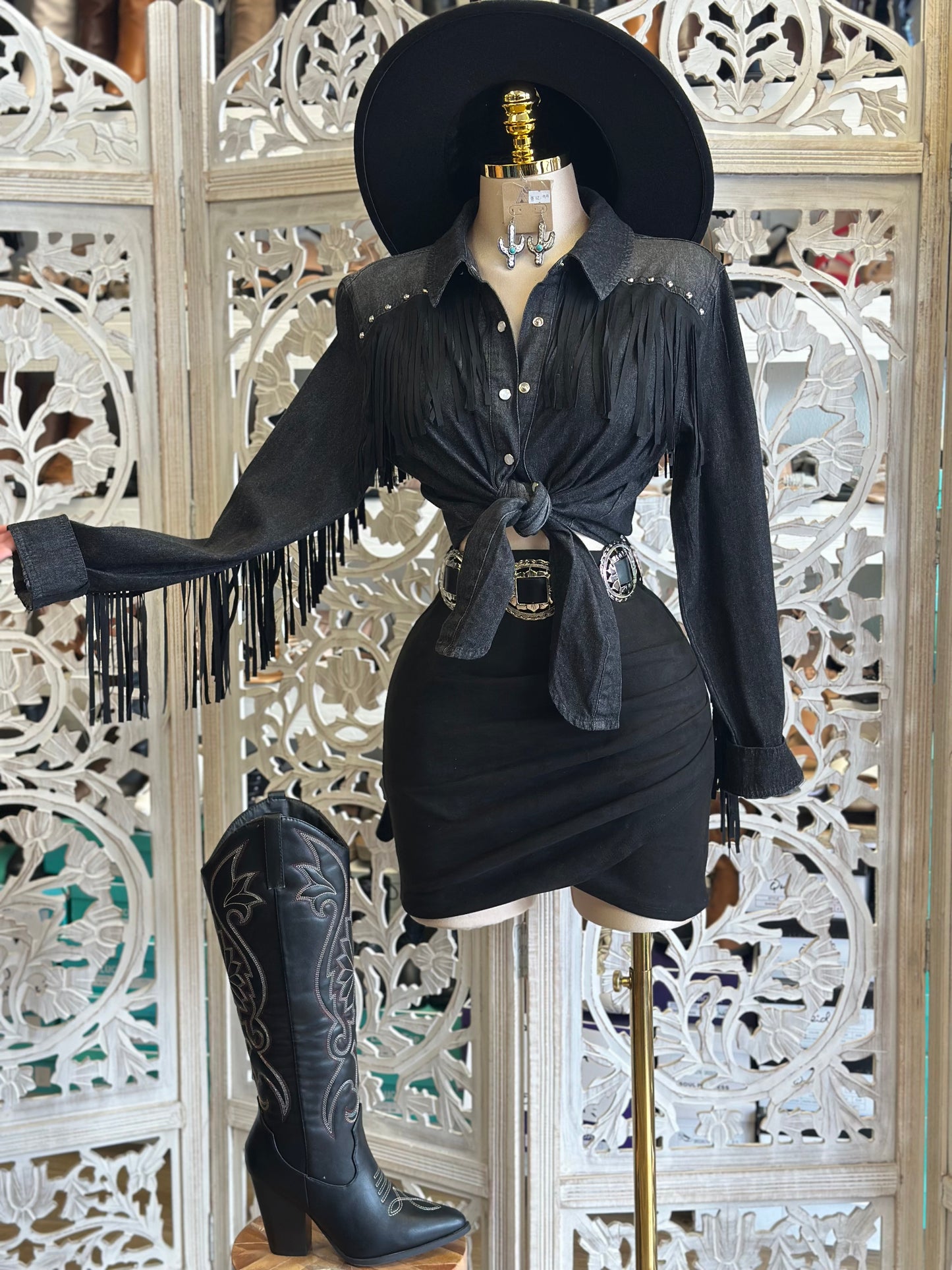 Black Fringe Western Blouse - Estira, Stretchy