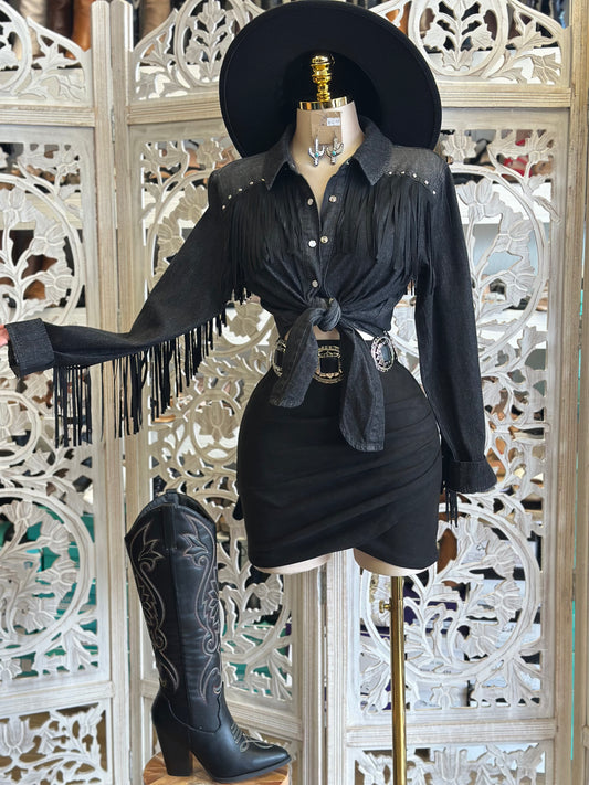 Black Fringe Western Blouse - Estira, Stretchy