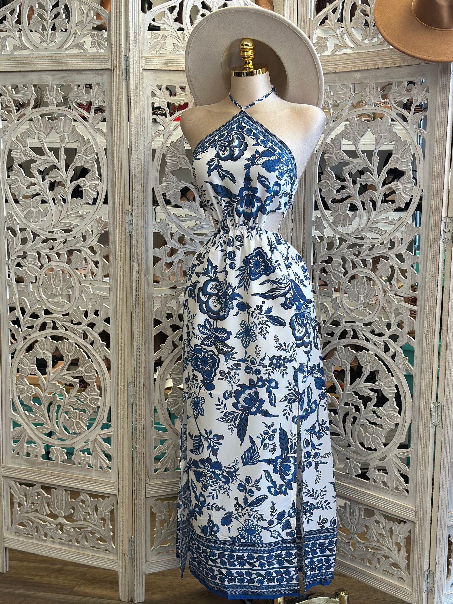 Cutout Blue Floral Maxi Dress-Estira, Stretchy