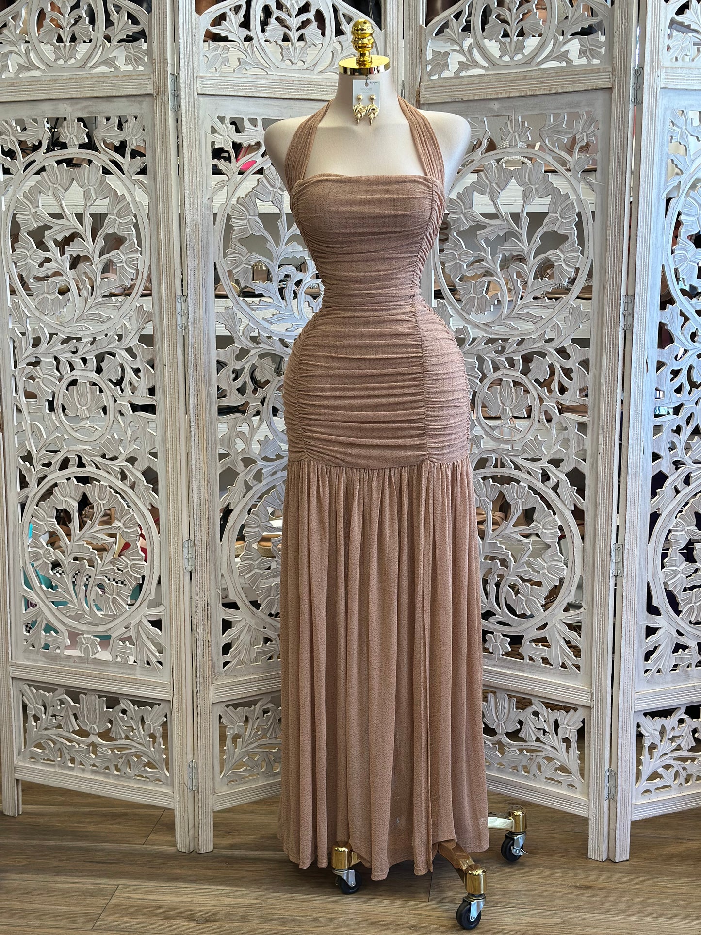 Ruched Tie Back Maxi Dress - Estira, Stretchy