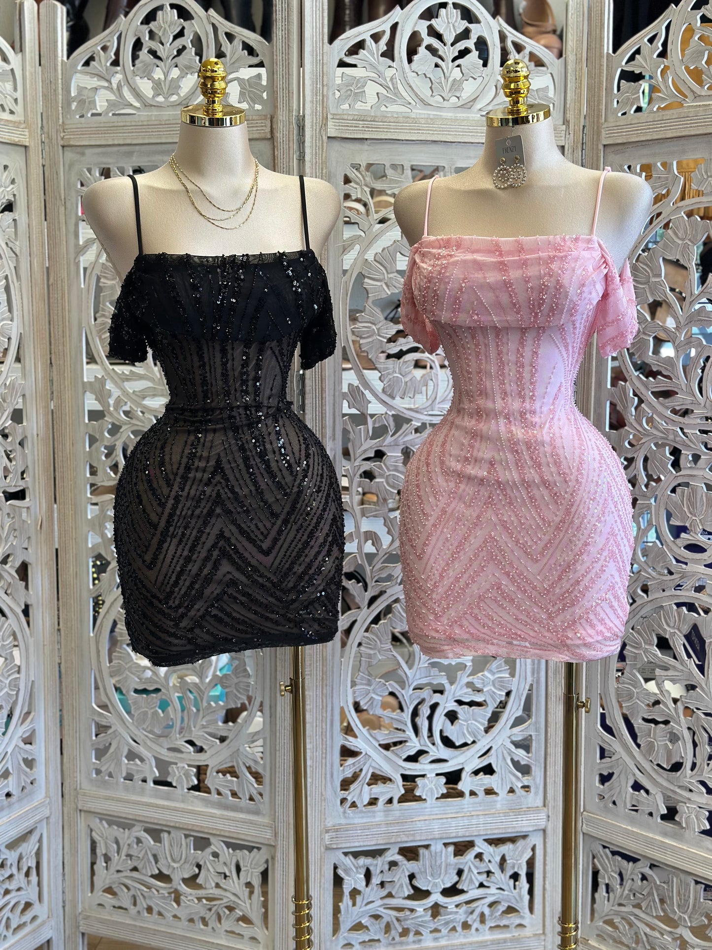 Rhinestone Pattern Off Shoulder Mini Dress - Estira, Stretchy