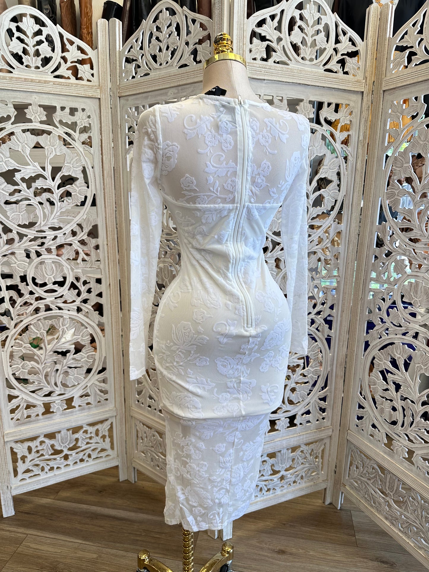 White Mesh Velvet Floral Dress- Stretchy , Estira