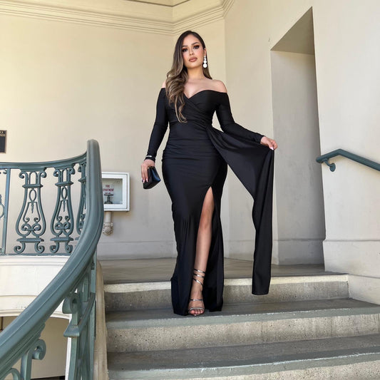 Black Formal High Slit Ruched Dress- Stretchy,Estira