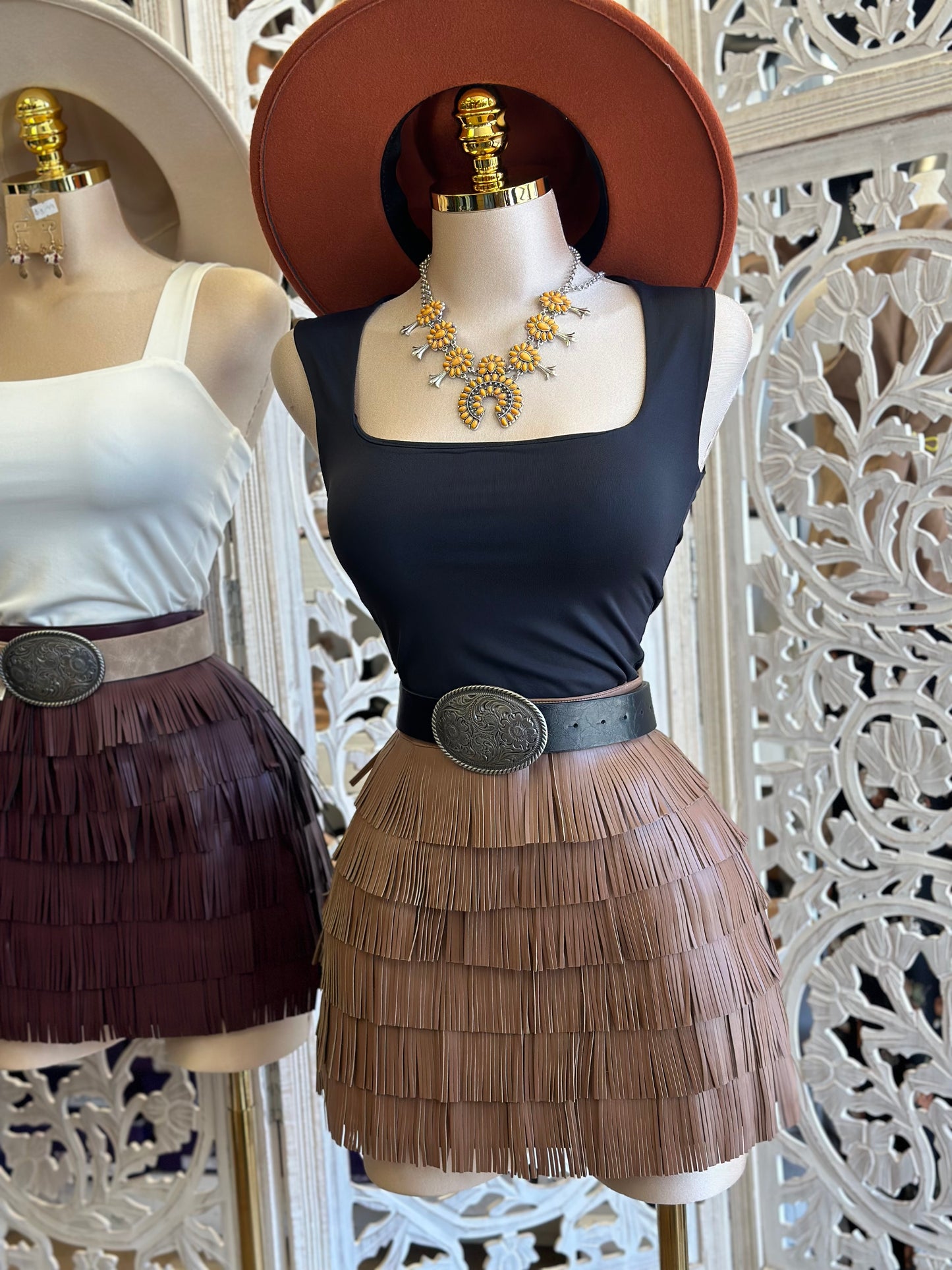 Faux Leather Fringe Mini Skirt-No Estira, Not Stretchy