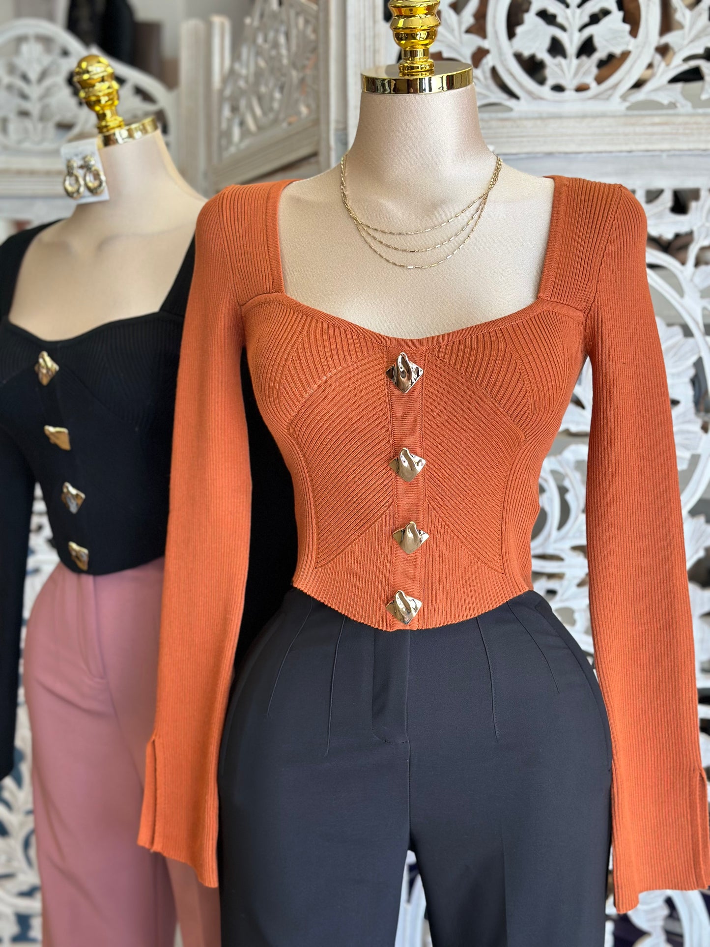 Ribbed Asymmetrical Gold Button Top- Stretchy,Estira