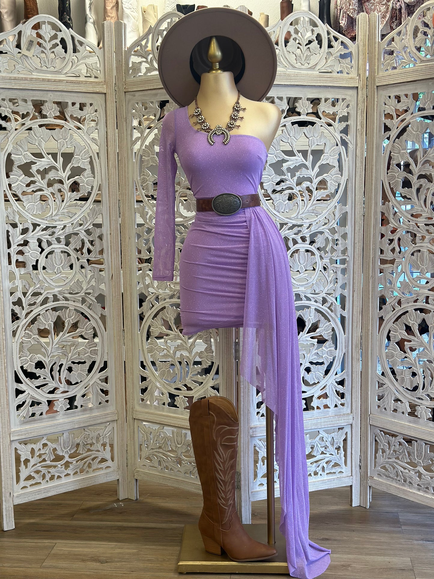 Glitter Purple Off Shoulder Tailed Dress- Stretchy venta final ..