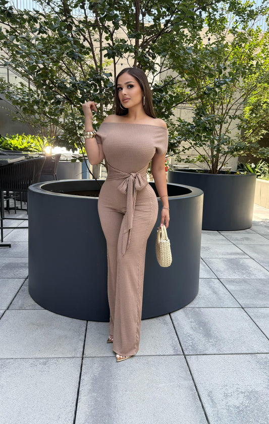 Taupe Ribbed Asymmetrical Jumpsuit - Stretchy,Estira
