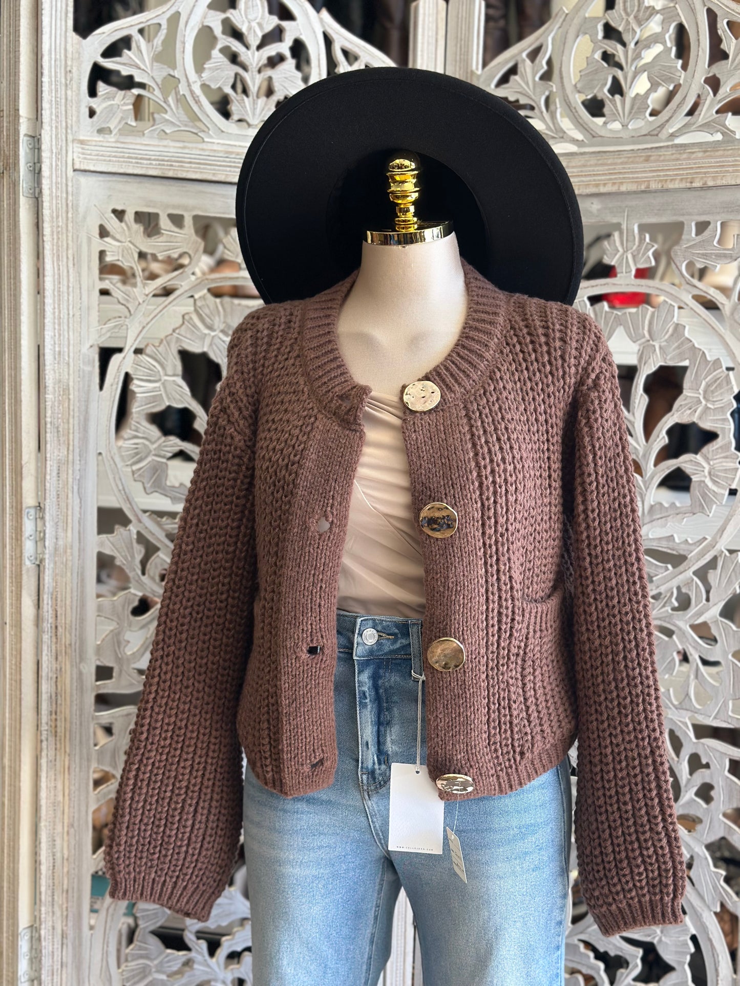 Round Neck Crochet Gold Button Up Sweater