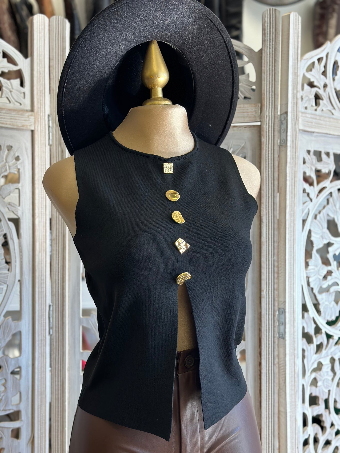 Asymmetrical Gold Button Blouse- Estira, Stretchy