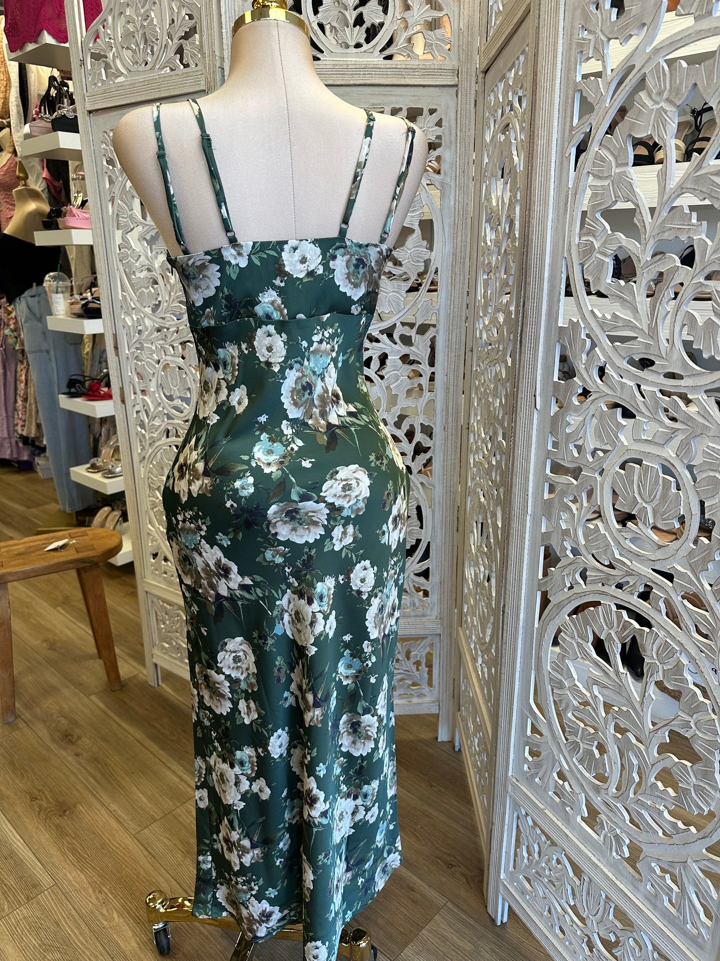Dark Green Floral Satin Maxi Dress- No Estira, Not Stretchy