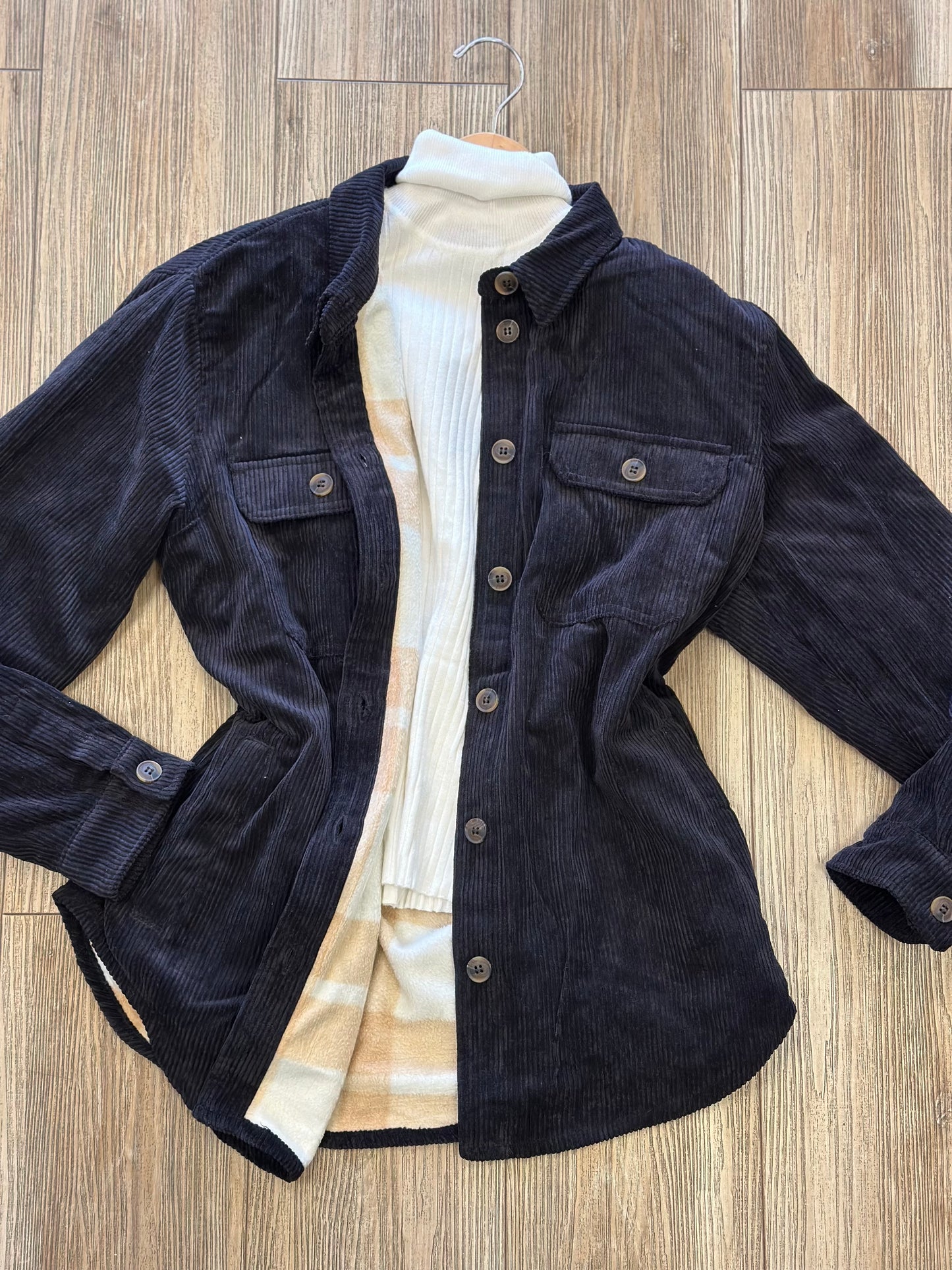 Black Corduroy Reversible Flannel Jacket- Stretchy, Estira