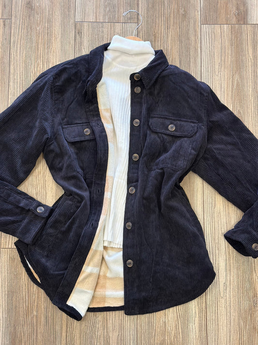 Black Corduroy Reversible Flannel Jacket- Stretchy, Estira