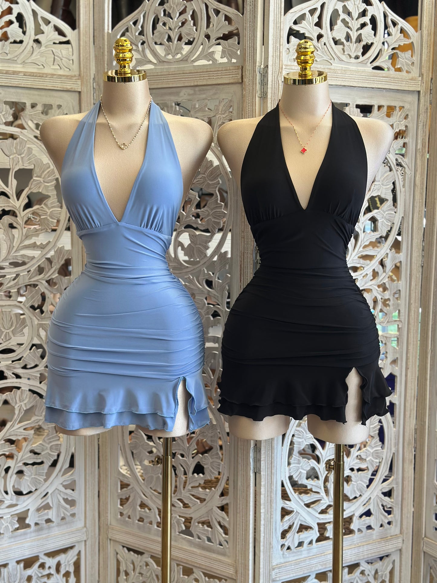 Deep V Backless Mini Dress- Stretchy,Estira