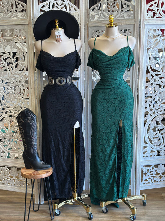 Lace Off Shoulder Slit Dress- Slightly Stretchy,Estira Poco
