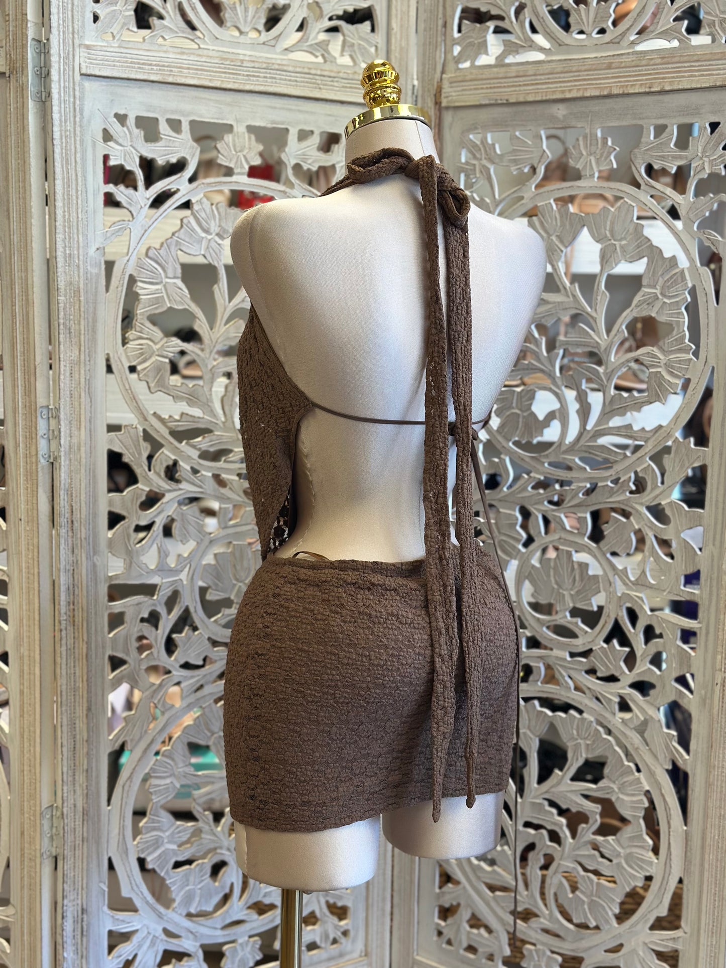 Brown Lace Cowl Neck Mini Dress-Estira, Stretchy