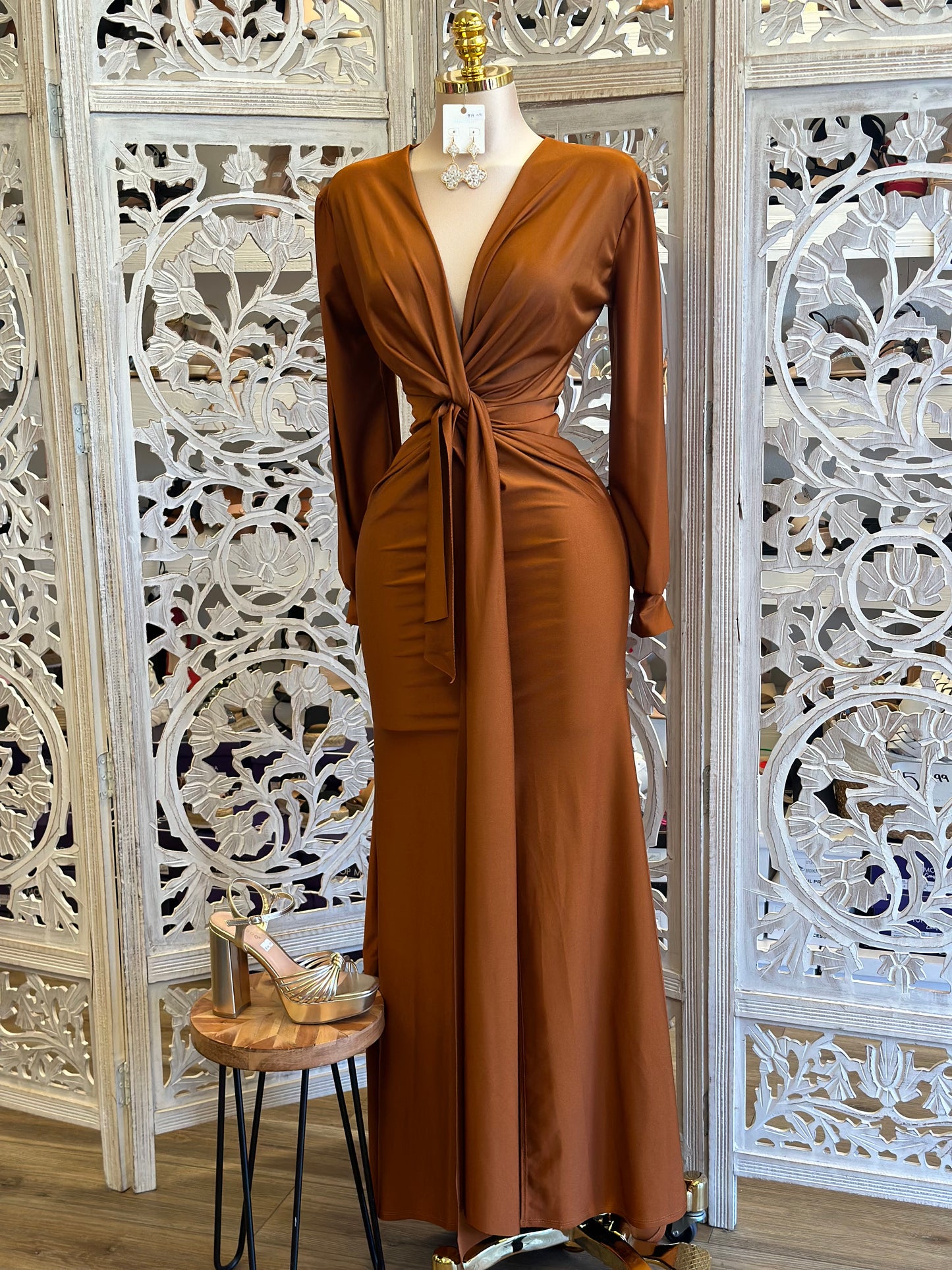 Knotted Bronze Maxi Dress- Stretchy, Estira