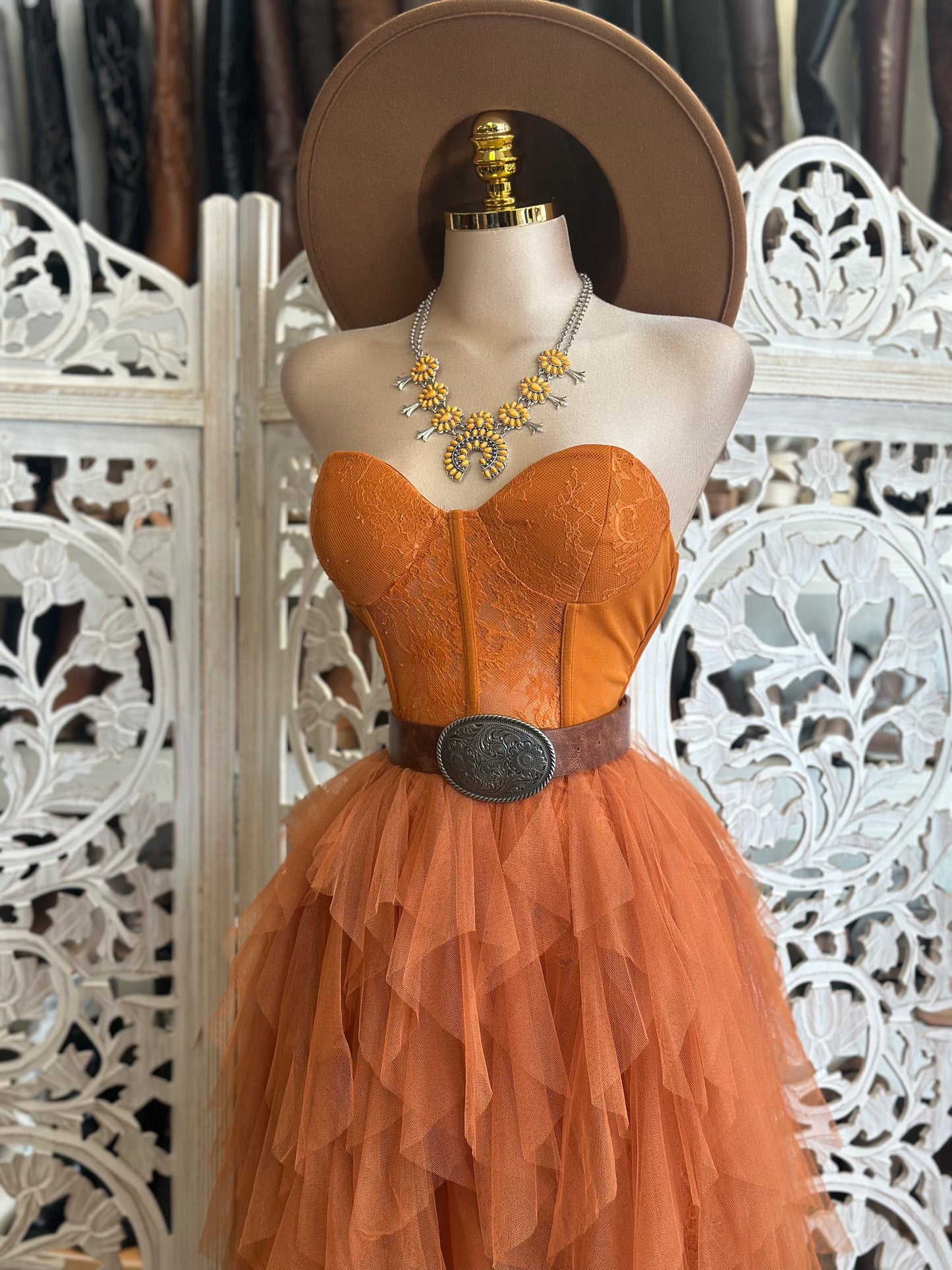Coral Corset Ruffle Maxi Dress- Stretchy,Estira