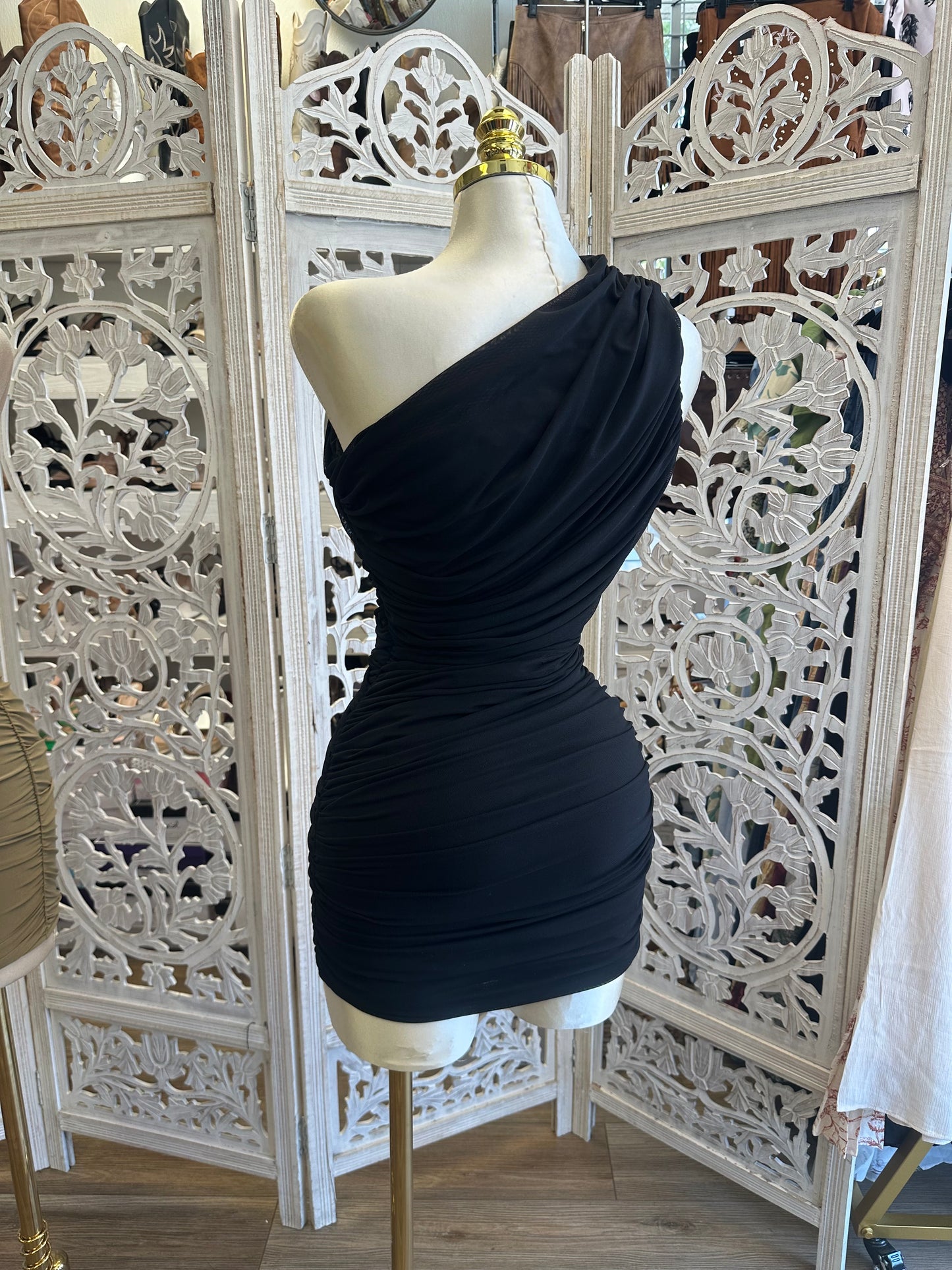 Black One Sleeve Ultra Mini Dress- Stretchy, Estira
