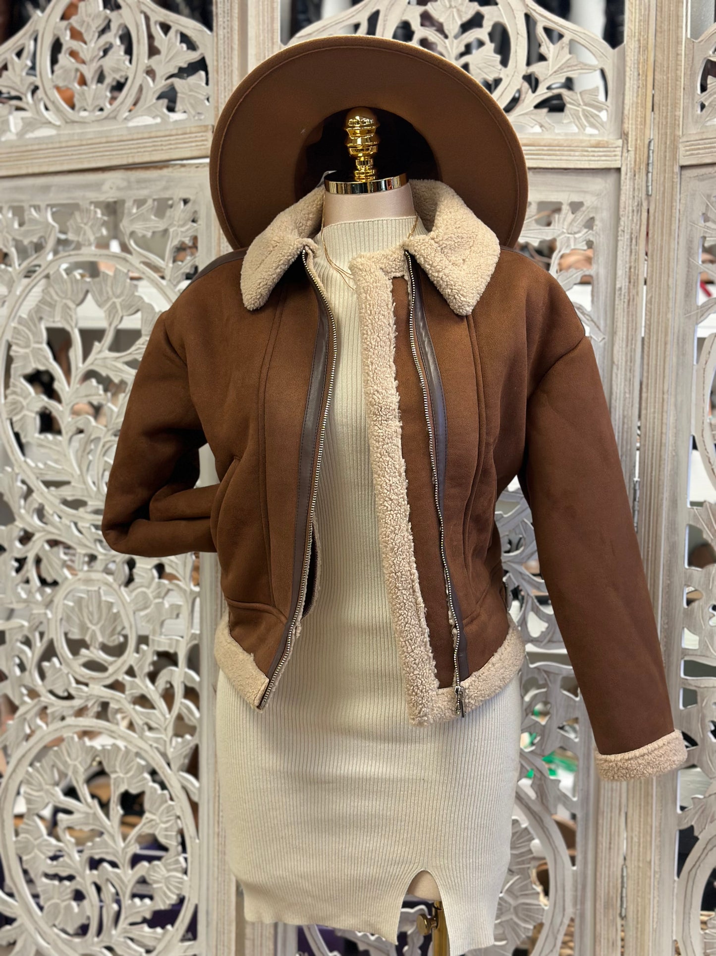 Brown Suede Sherpa Lined Jacket