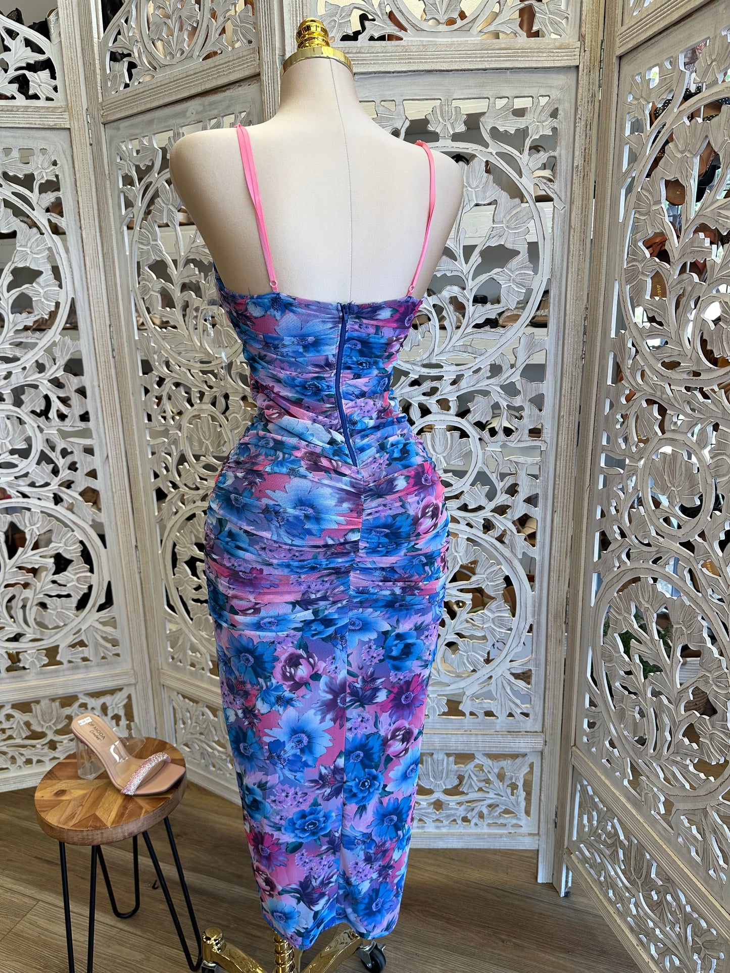 Purple Floral Midi Ruched Dress- Estira, Stretchy