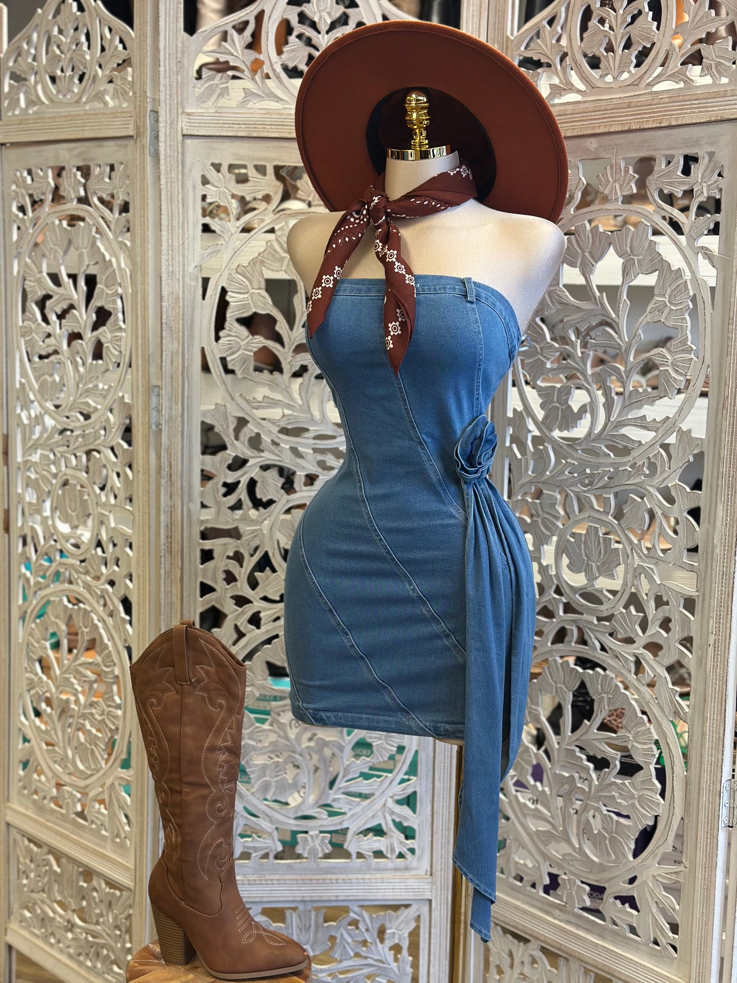 Denim Rose Tail Mini Dress- Not Stretchy, No Estira
