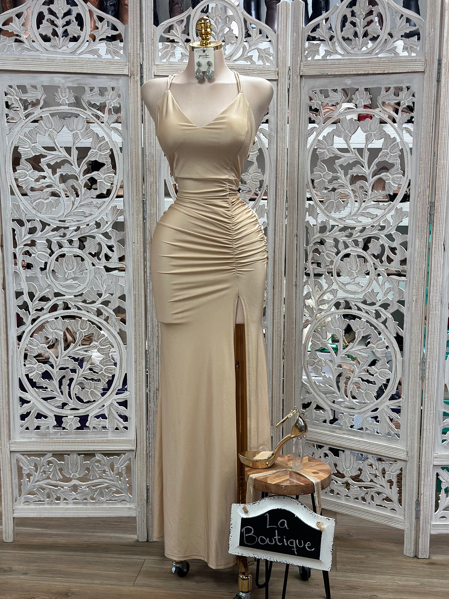 Champagne Ruched Gown- Slightly Stretchy, Estira Poco