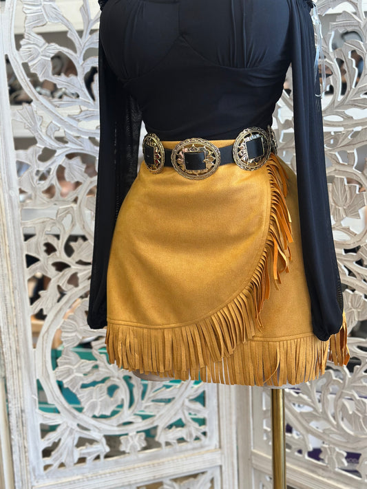 Wrapped Brown Fringe Suede Mini Skirt-No Estira, Not Stretchy