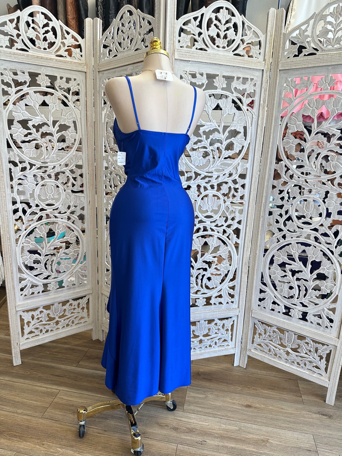 Royal Blue Ruffle Slit Cami Midi Dress - Estira, Stretchy