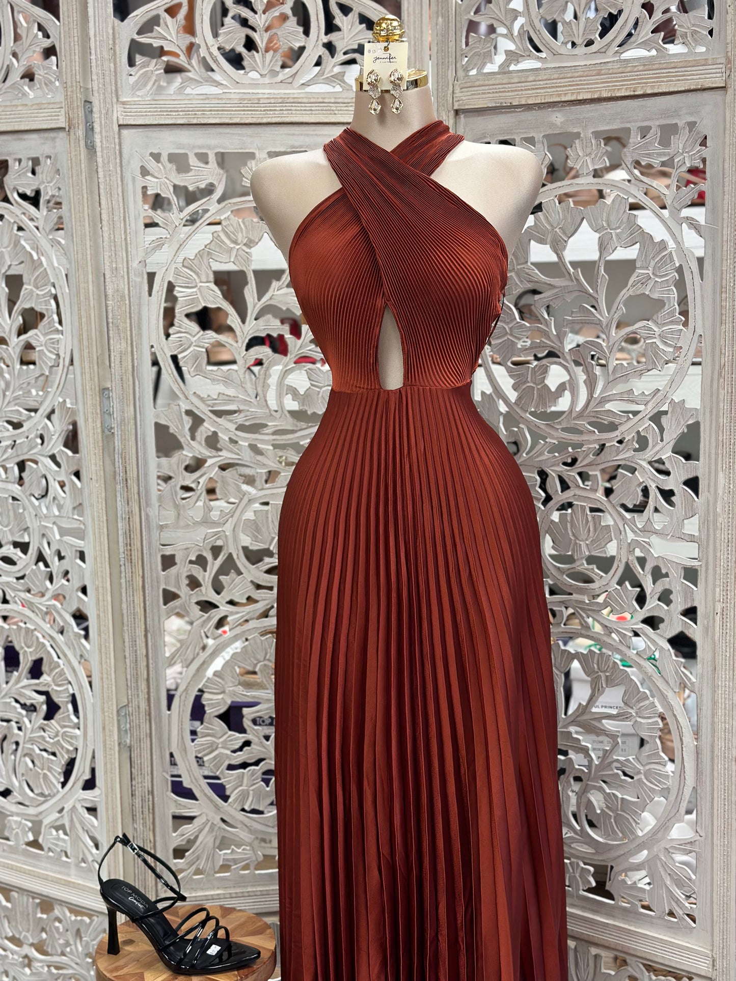 Deep Rust Pleated Satin Maxi Dress- Stretchy, Estira