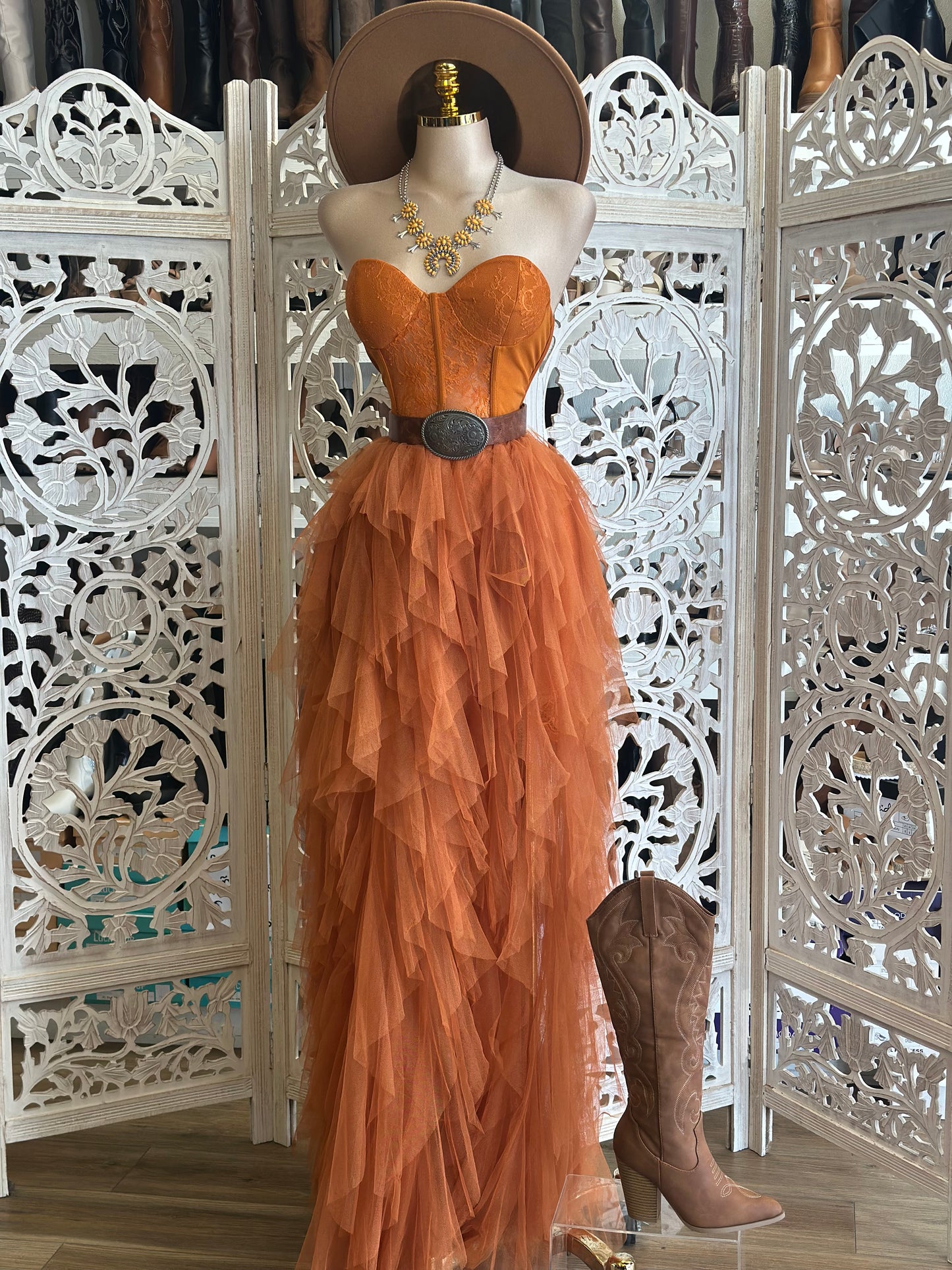 Coral Corset Ruffle Maxi Dress- Stretchy,Estira