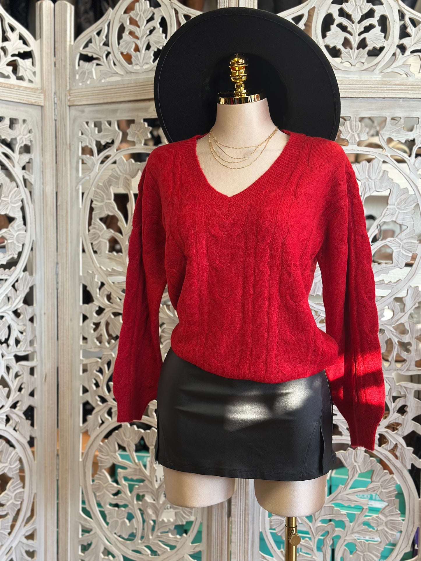 Red V Cable Knit Sweater