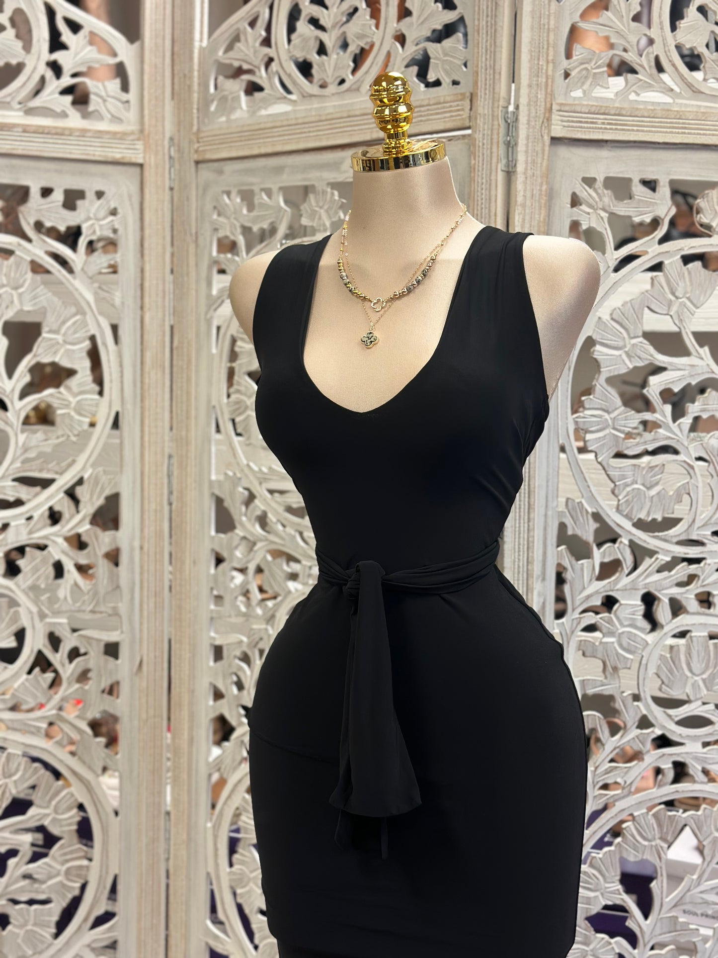 Black Scoop Neck Tie Front Midi Dress- Stretchy, Estira