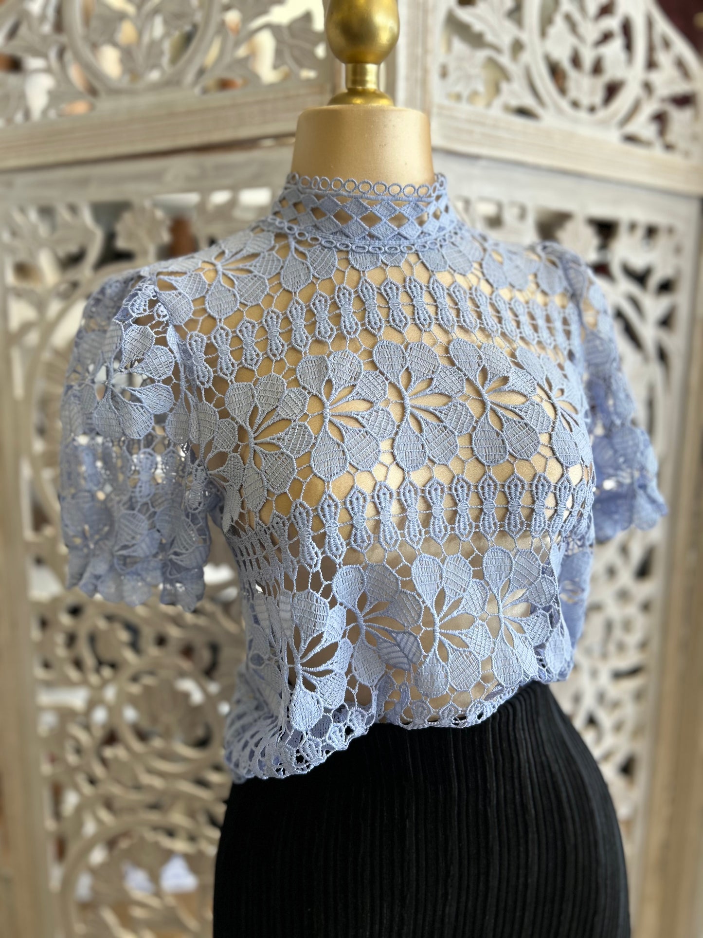 Light Blue Mock Neck Crochet Blouse