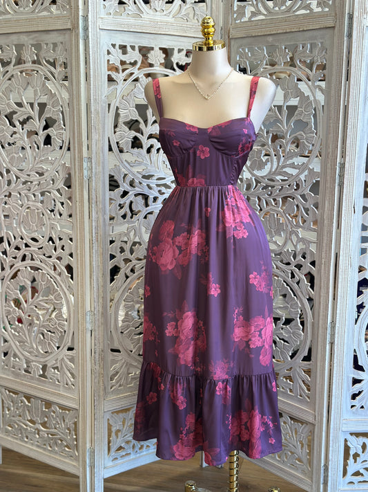 Mulled Berry Floral Midi Dress- Not Stretchy , No Estira