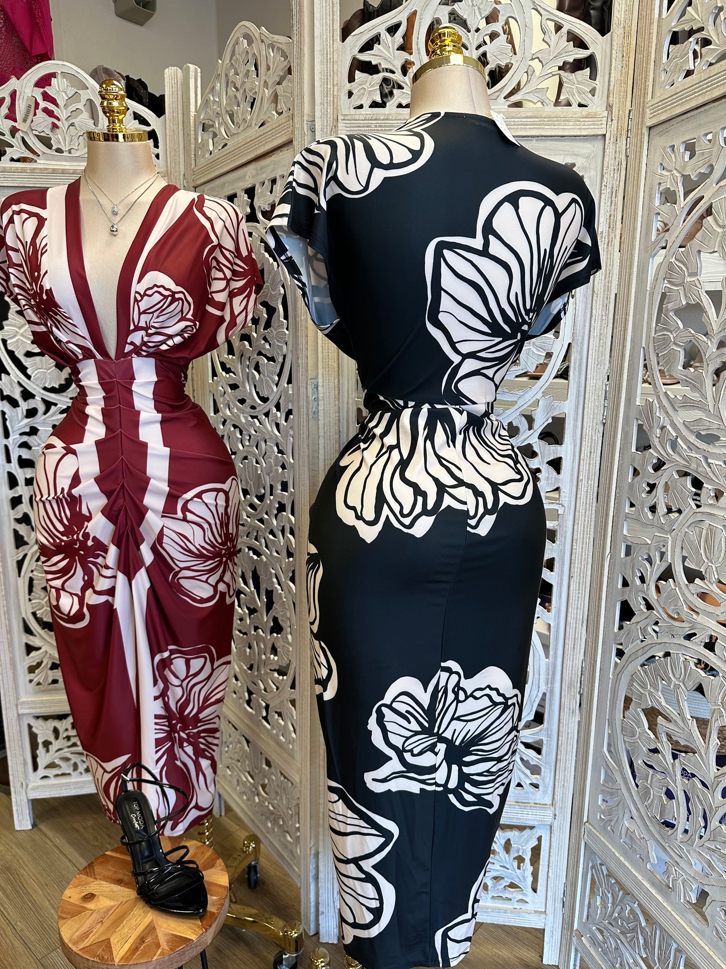Deep V Patterned Ruched Dress - Estira, Stretchy