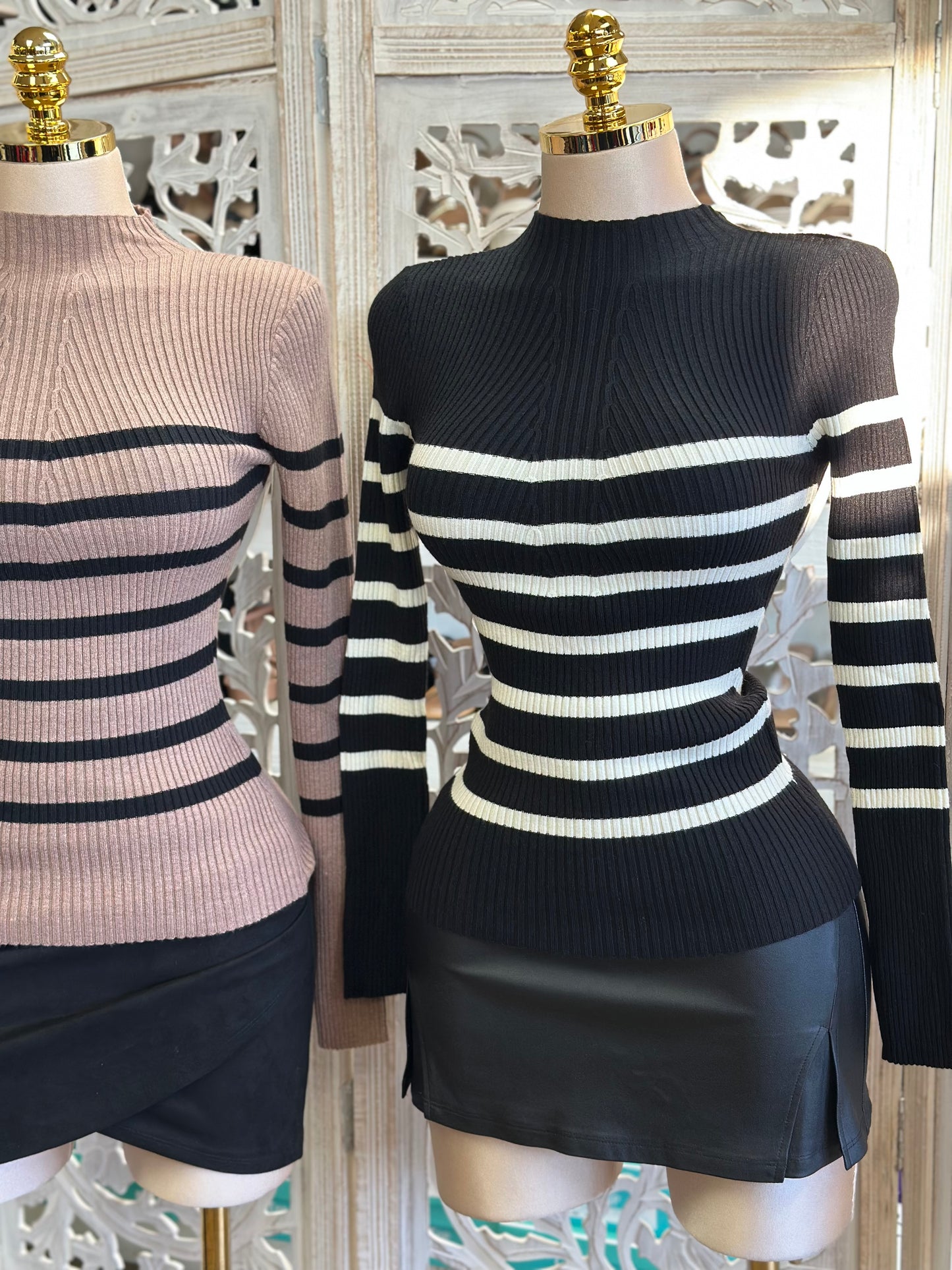 Striped Ribbed Asymmetrical Blouse- Estira, Stretchy